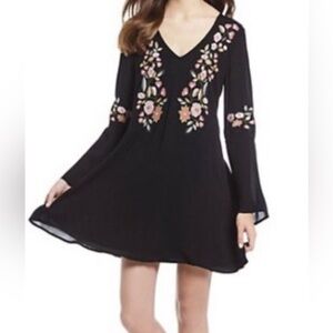 Sugarlips Black Swing Dress with Floral Embroidery, Bell Sleeves, Sz med Gypsy